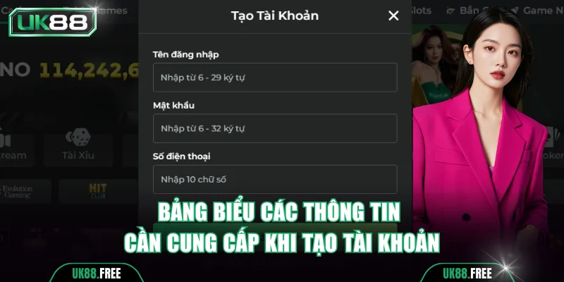 Bảng biểu các thông tin cần cung cấp khi tạo tài khoản